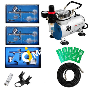 Voilamart Complete Airbrush Kit With 1/6Hp High Performance Quiet Compressor 0.35Mm 5Cc/22Cc Dual